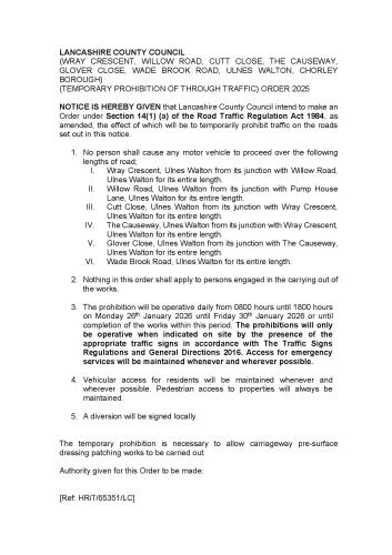 Wymott temporary road closures