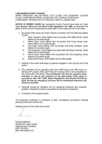 Wymott resurfacing temporary road closures