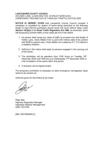 Holker Lane Temporary Road Closure